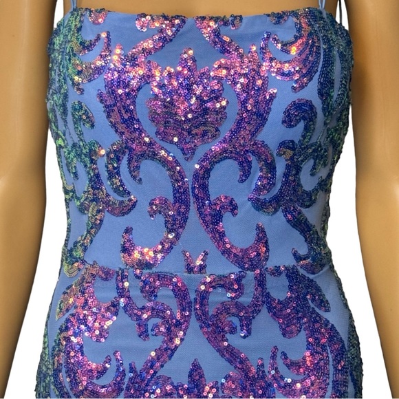 B. Darlin Square Neck Strappy Back Long Gown Iridescent Sequins NWT - Picture 9 of 17